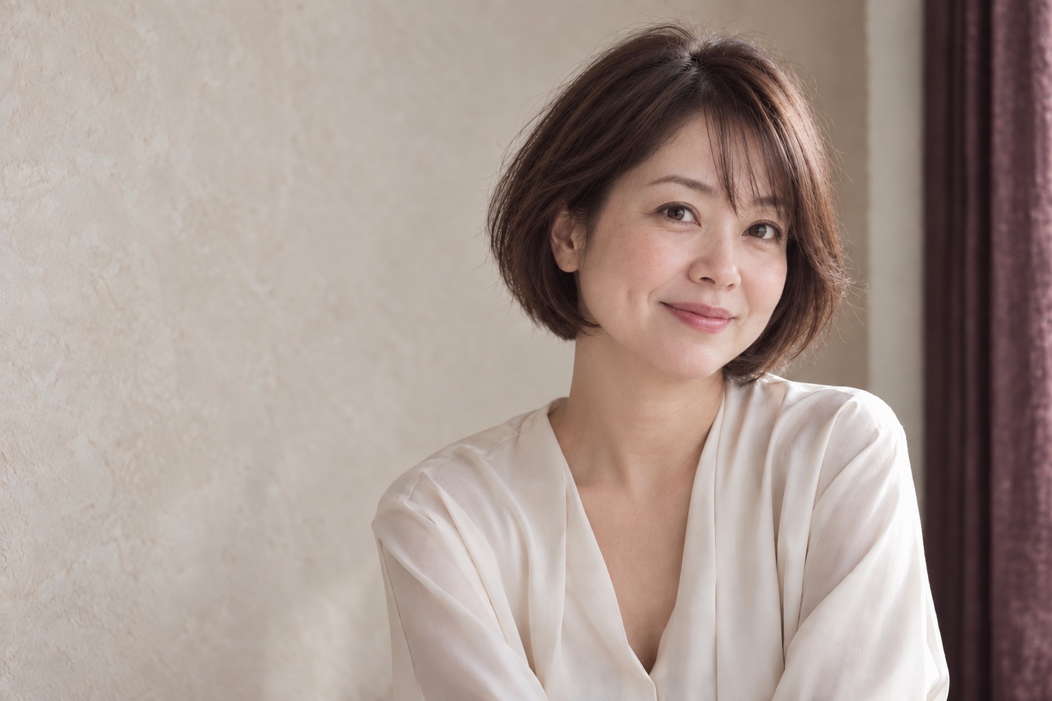 自然光の中のボブヘアの女性。AI生成のブランドイメージ